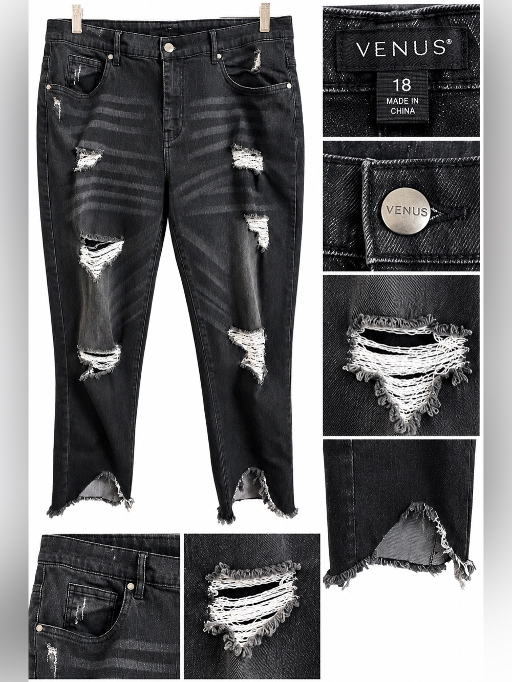 VENUS Black Distressed Boyfriend Jeans with Ripped Detail Sz 18